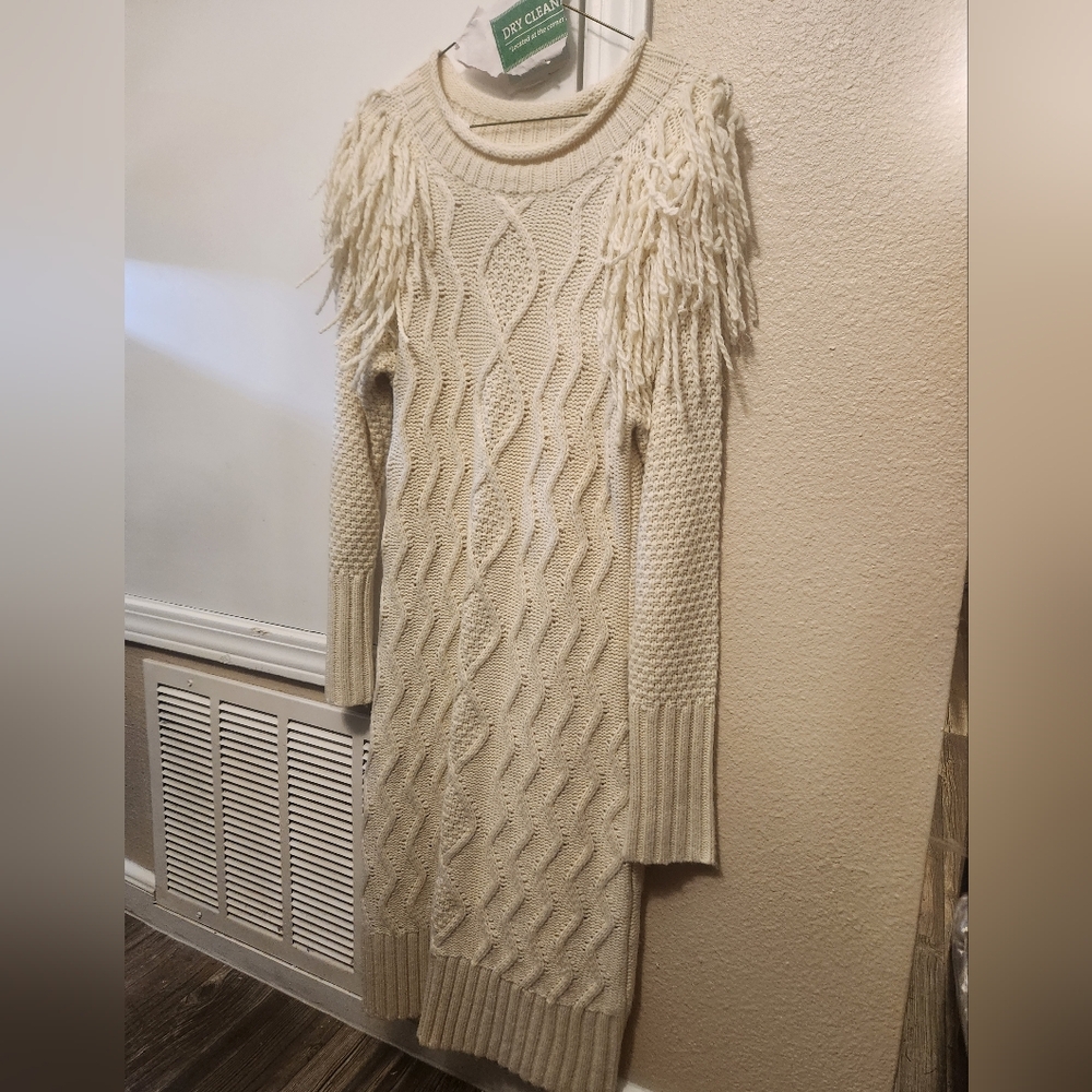 Eliza J Cream Ivory Fringe Shoulder Cable Knit Sweater Dress